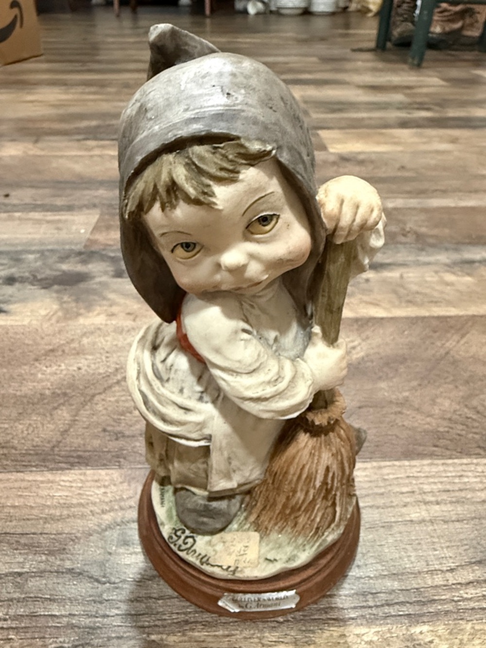 Whimsical Neutral-Tone Elf Sculpture with Broom